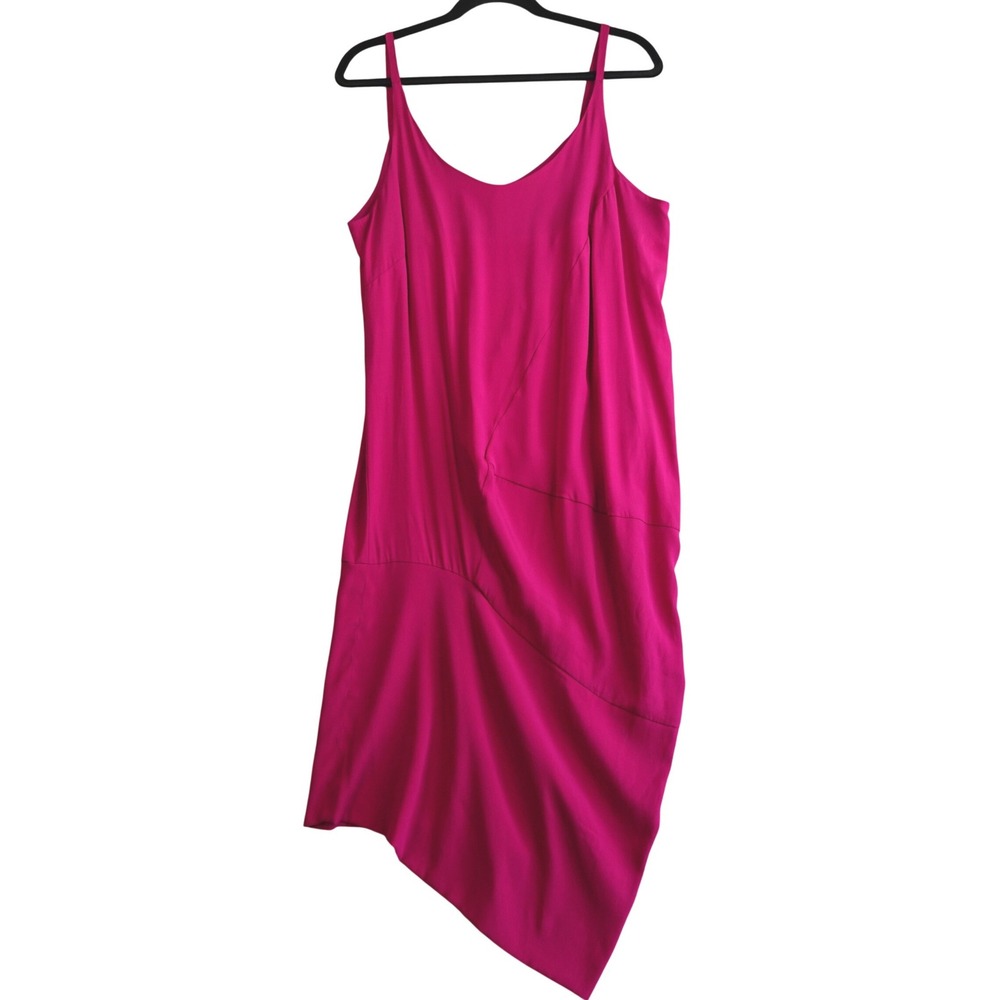 Vintage 90s Y2K Dress Large Magenta Silk Asymmetrical Hem Slip Cocktail Party